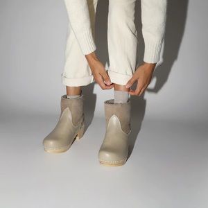 No 6 5" Pull on Shearling Clog Boot on Mid Heel in Clay